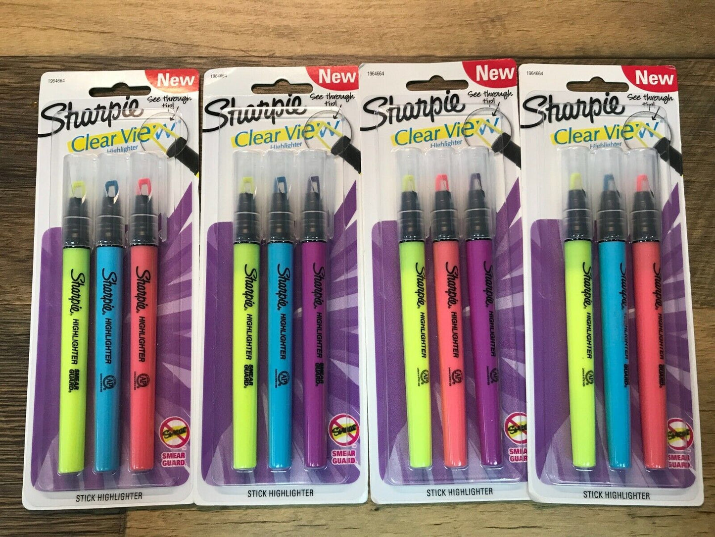 Lot of 4x Sharpie Clear View Stick Highlighters 3/Pkg-Yellow, Blue & Purple -NEW