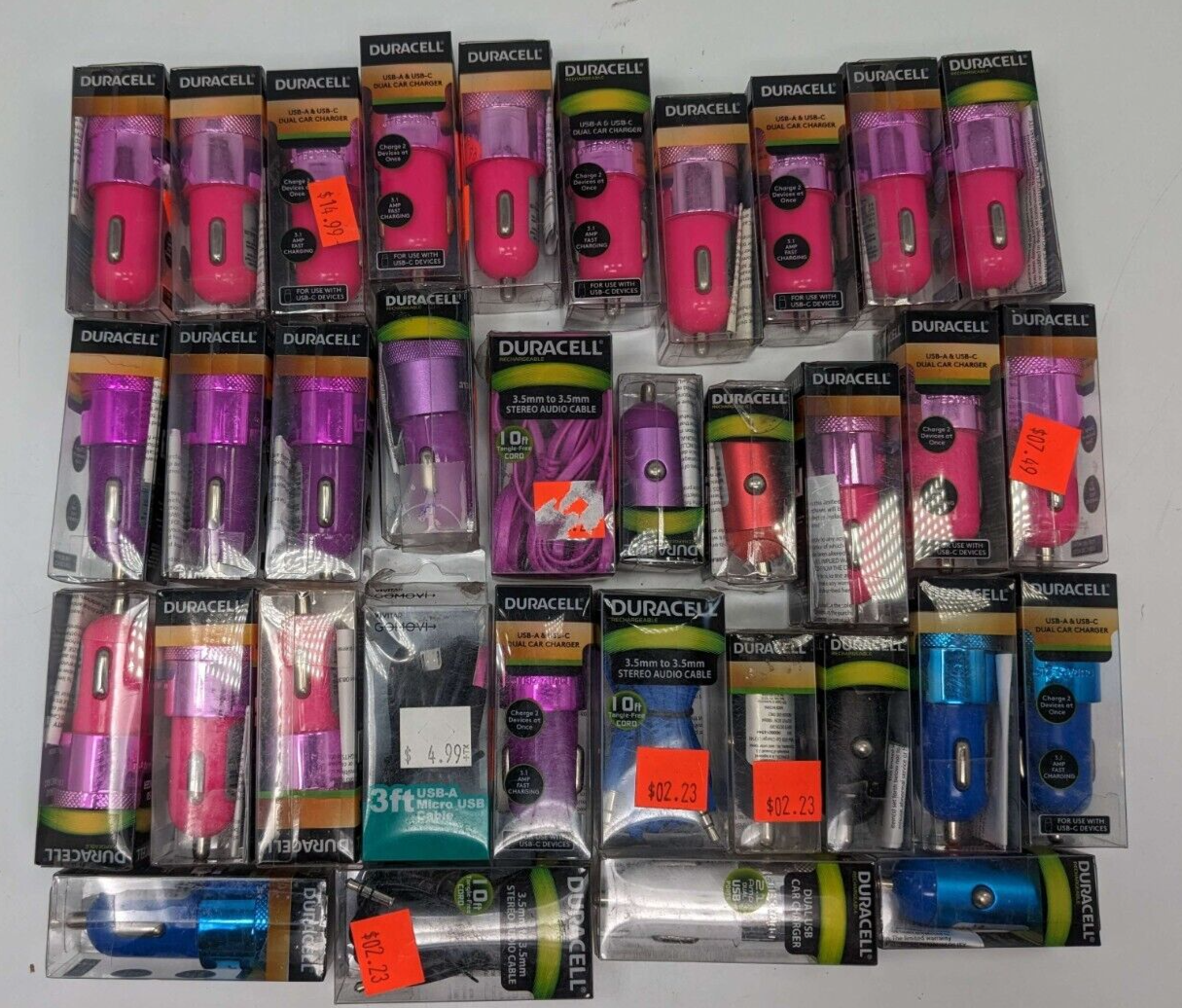 Lot of 34 IN box Car Chargers-Assortment of USB-C, USB-A, 3.5mm Audio Stereo