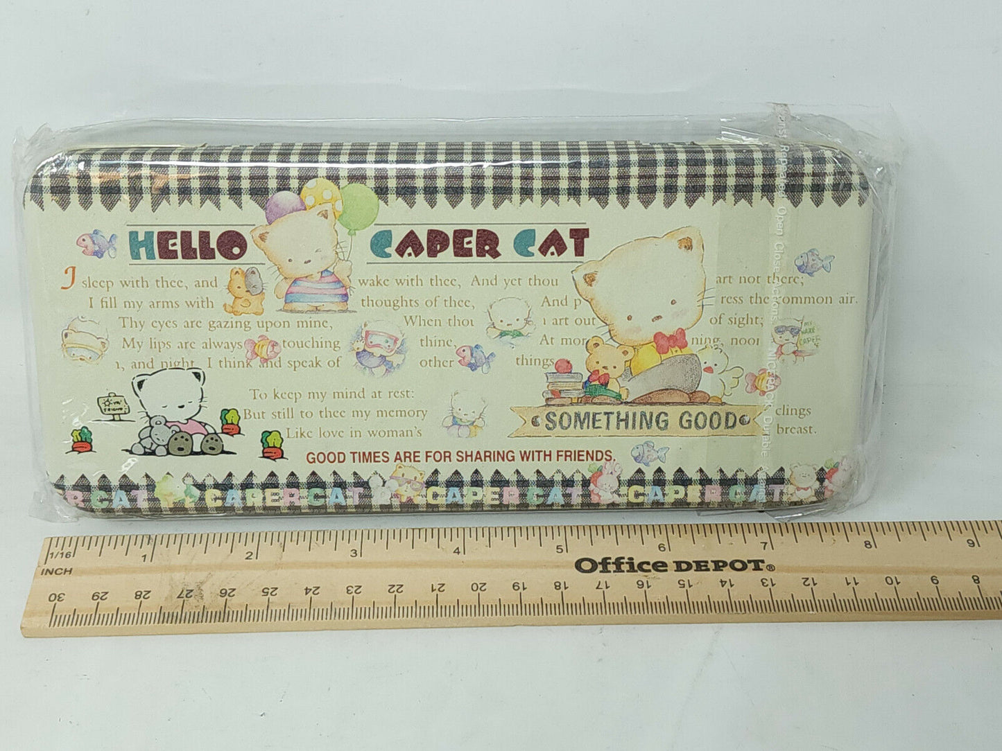 DAINTY VTG 80's HELLO CAPER CAT - Metal pencil case - 4" x 8" - NEW OLD STOCK