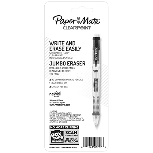 Paper Mate Clearpoint Mechanical Pencils, HB #2 Lead (0.9mm), Assorted Barrel Colors, 2 Pencils, 1 Lead Refill Set, 2 Erasers