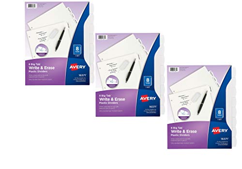 Avery Big Tab Write & Erase Durable Plastic Dividers, 8 White Tabs, 1 Set Per Pack, 3 Packs, 16371