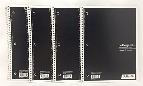 Office Depot Spiral Notebook Black, 1-Subject, 70-Count, College Ruled 4 Pack