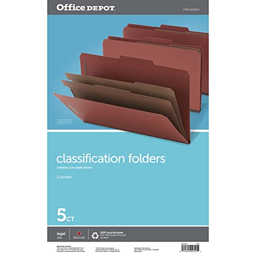 Office Depot Classification Folders, 2 1/2in. Expansion, Legal Size, 2 Dividers, 60% Recycled, Red, Pack of 5, OM01725