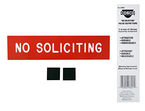Cosco Sign, Red Engraved, No Solicitors, 2 x 8 Inches (098001)