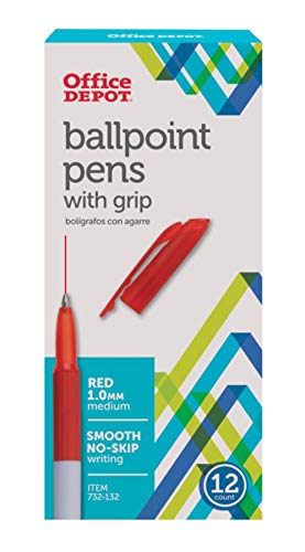 Office Depot Brand Grip Ballpoint Pens, Medium Point, 1.0 mm, White Barrel, Red Ink, Pack of 12