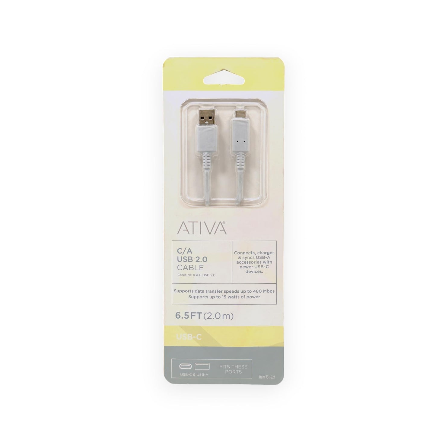 ATIVA USB 2.0 Type A-to-Type C Cable, 6.5', White, 32456