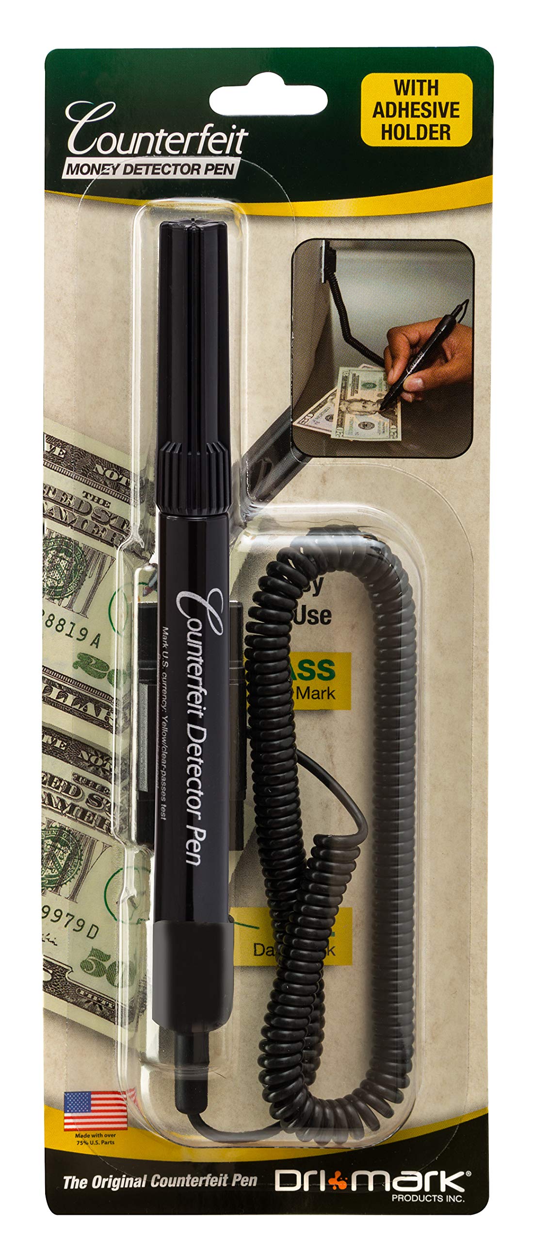 Dri Mark Dual Test 351UVCL - The Original Counterfeit Detection Marker Pen with UV LED Cap, Tests for Security Strips and Authentic Currency Paper - 1 UV Light/Pen Combo Plus 1 Holder with Coil