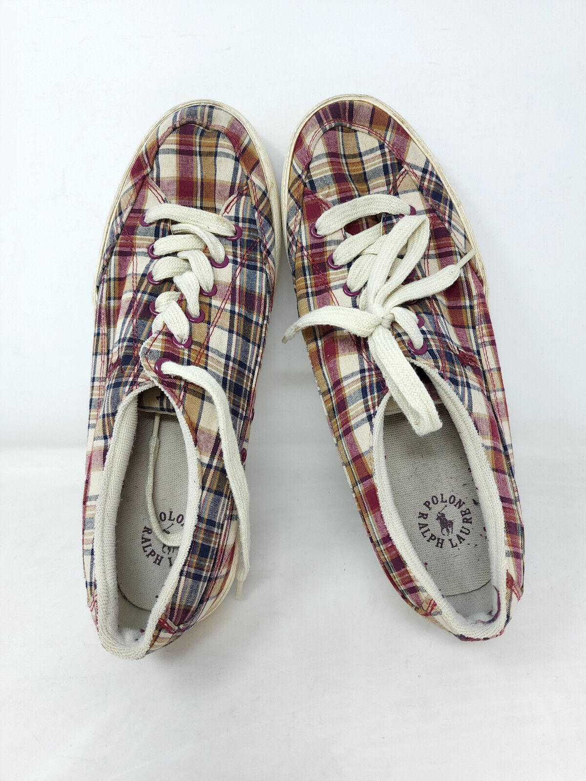 Polo Ralph Lauren Mens BRISBANE Red PLAID Mens Size 10.5 D Canvas Lace Up Shoes