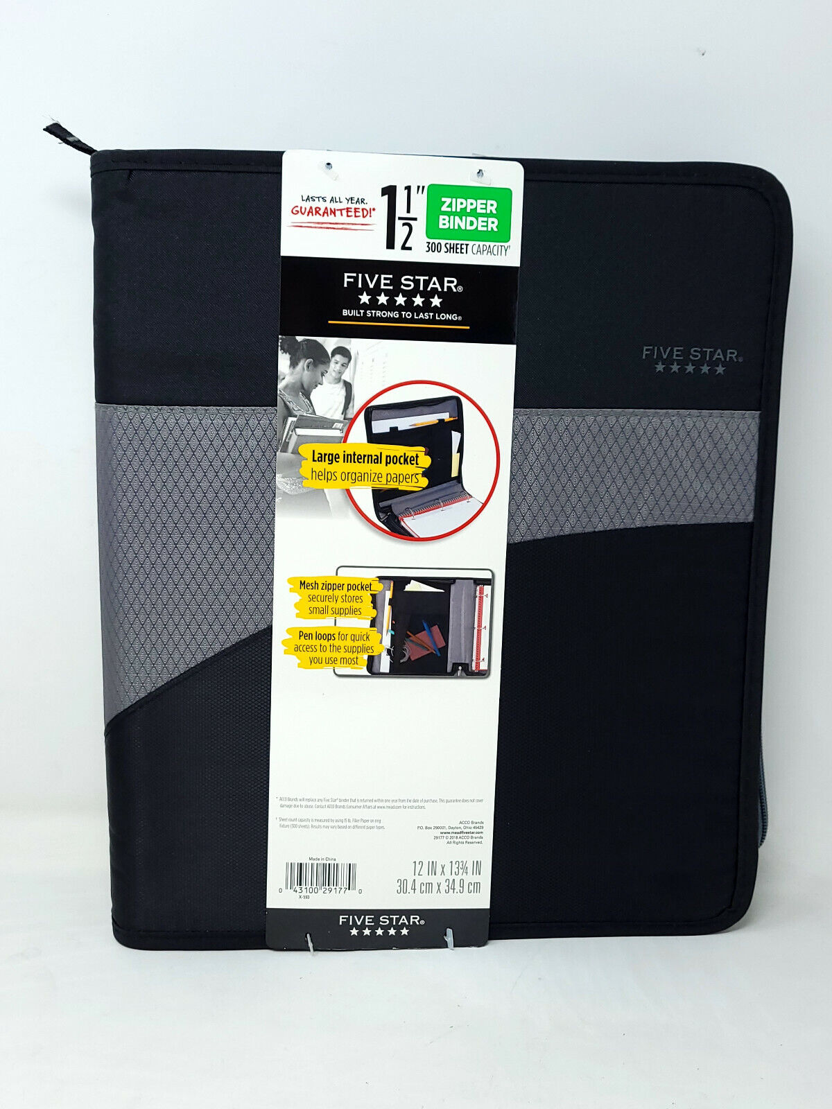Five Star Zipper Binder School Organizer 1 1/2" Inch 300 Sheet Capacity 3 ring