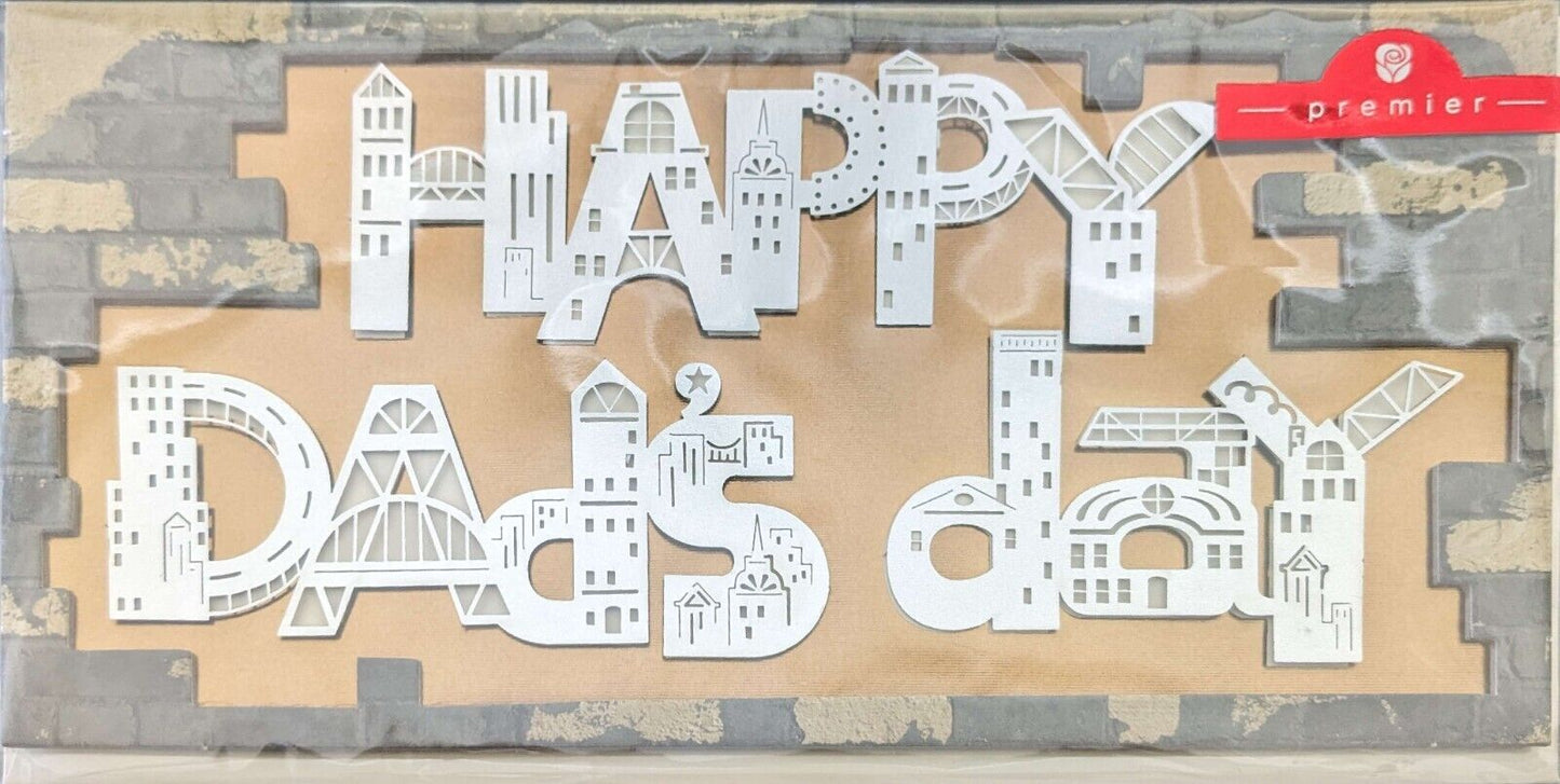 "Happy dads day" Cool metallic fathers day card, highrise buildings.