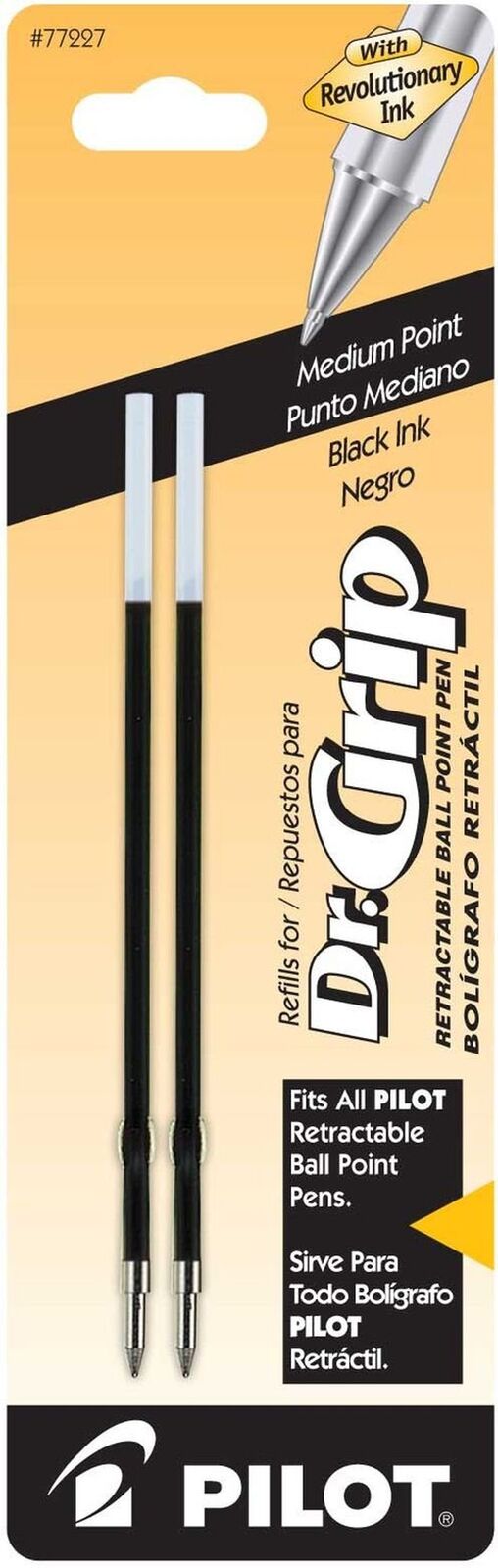 Pilot Dr. Grip Ballpoint Ink Refill, 2-Pack, Medium Point, Black Ink (77227)