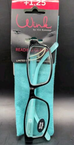 Wink By ICU Eyewear +1.25 Reading Glasses Readers Black & Turquoise New w/Case