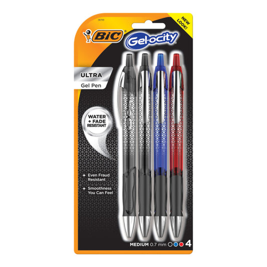 BIC� Gel-ocity Ultra Gel Pens, Medium Point, 0.7 mm, Assorted Ink Colors, Pack Of 4 Pens