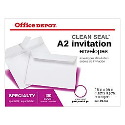 Office Depot Clean Seal(TM) Invitation Envelopes, 4 3/8in. x 5 3/4in., White, Box Of 100, 77598