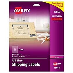 Avery Permanent Shipping Labels, 15565, 8 1/2" x 11", Clear, Pack of 10
