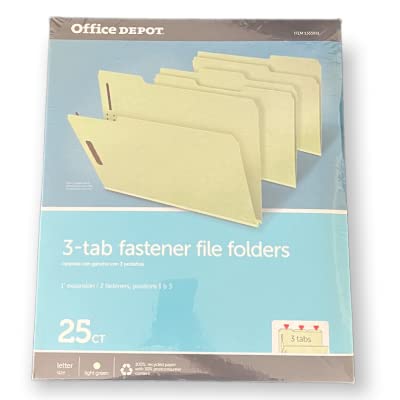 Office Depot Expanding Pressboard File Folders with 2 Fasteners, 1/3 Cut, Letter Size (8-1/2" x 11"), 1" Expansion, Light Green, Box of 25