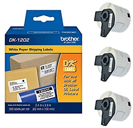 Brother Genuine DK-1202 3-Pack Die-Cut White Paper Shipping Labels for QL Printers, 2.4" x 3.9" (62mm x 100mm) Individual Label Size, 900 Total Labels