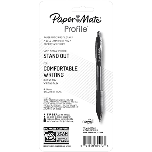 Paper Mate Profile Retractable Ballpoint Pen, Bold Point, Translucent Barrel, Blue Ink, 4 Count