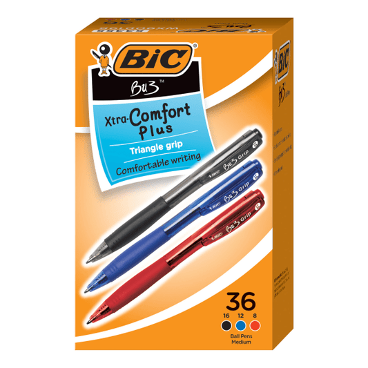 BIC� BU3 Xtra-Comfort Plus Retractable Ballpoint Pens, Medium Point, 1.0 mm, Assorted Ink Colors, Pack Of 36 Pens