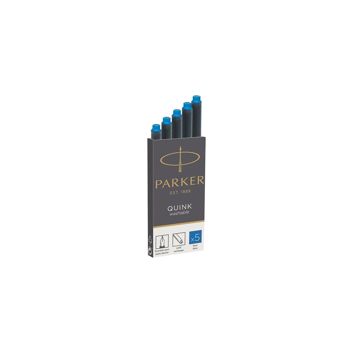 Parker 3016031PP QUINK Long Fountain Pen Ink Refill Cartridges, Blue, 5 Count