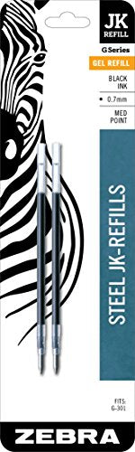 Zebra Pen G-Series Stainless Steel Gel Ink Pen JK-Refill, Medium Point, 0.7mm, Black Ink, 2-Pack