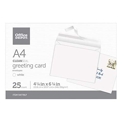 Office Depot Brand Greeting Card Envelopes, A4, Clean Seal, 4 1/4" x 6 1/4", White, Box of 25