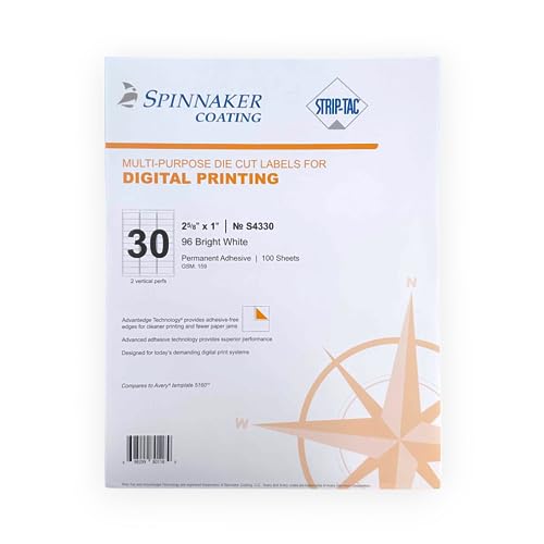 Strip-Tac Spinnaker Coating Die Cut Labels for Digital Printing, 2 5/8" x 1", 30 Labels Per Sheet, 100 Sheets, Bright White