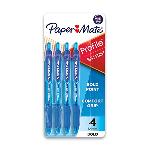 Paper Mate Profile Retractable Ballpoint Pen, Bold Point, Translucent Barrel, Blue Ink, 4 Count