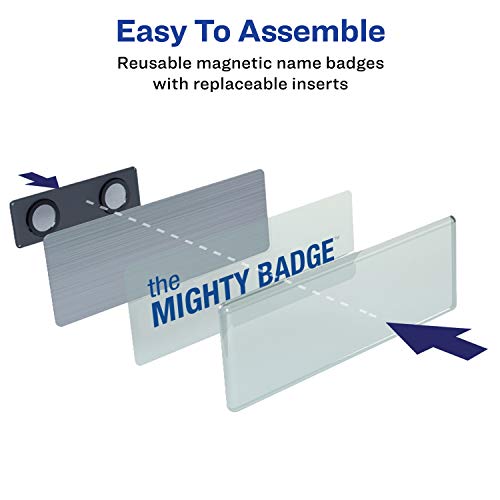 The Mighty Badge by Avery, 1" x 3" Magnetic Name Tags, 4 Silver Name Badges, 32 Customizable Inserts (71201)