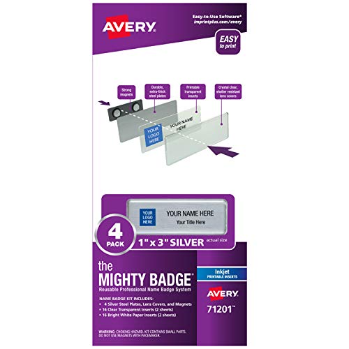 The Mighty Badge by Avery, 1" x 3" Magnetic Name Tags, 4 Silver Name Badges, 32 Customizable Inserts (71201)