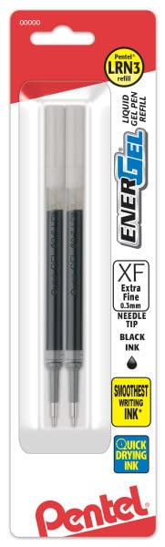 Pentel Refill Ink - for EnerGel RTX Retractable Liquid Gel Pen, (0.3mm) Extra Fine Line, Needle Tip, 2 Pack, Black Ink