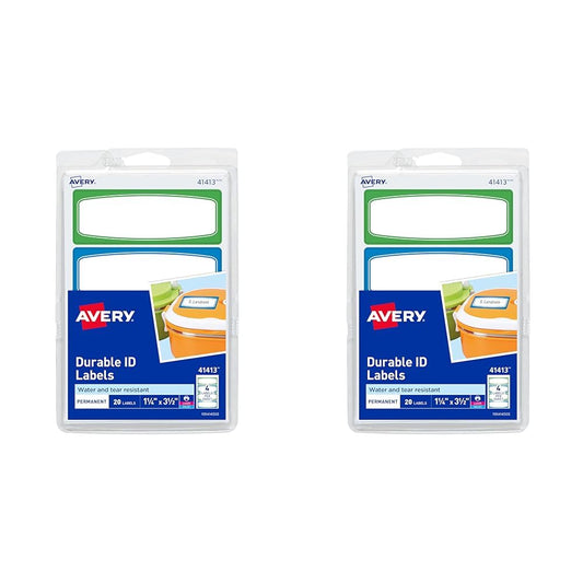Avery(R) Durable Labels for Kids' Gear, 3-1/2" x 1-1/4", Assorted Border Colors, Water-Resistant Labels, 20 Rectangle Labels Total (41413) (Pack of 2)