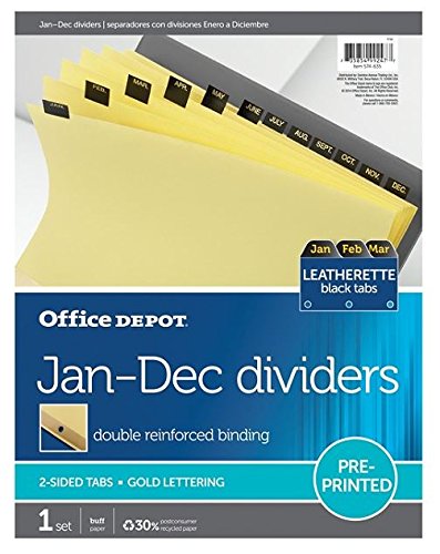 Office Depot Brand Preprinted Tab Dividers, Monthly, Gold Lettering on Leatherette Black Tabs