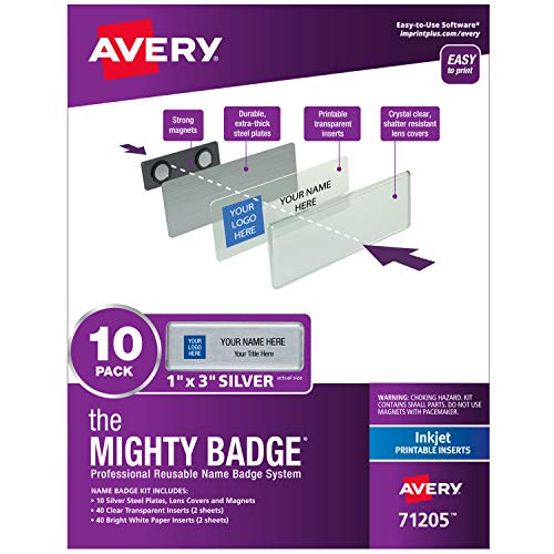 The Mighty Badge by Avery, 1" x 3" Magnetic Name Tags, 4 Silver Name Badges, 32 Customizable Inserts (71201)