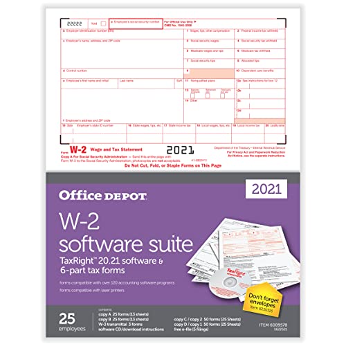 Office Depot Brand W-2 Laser Tax Forms with Software, 6-Part, 2-Up, 8-1/2" x 11", Pack of 25 Form Sets