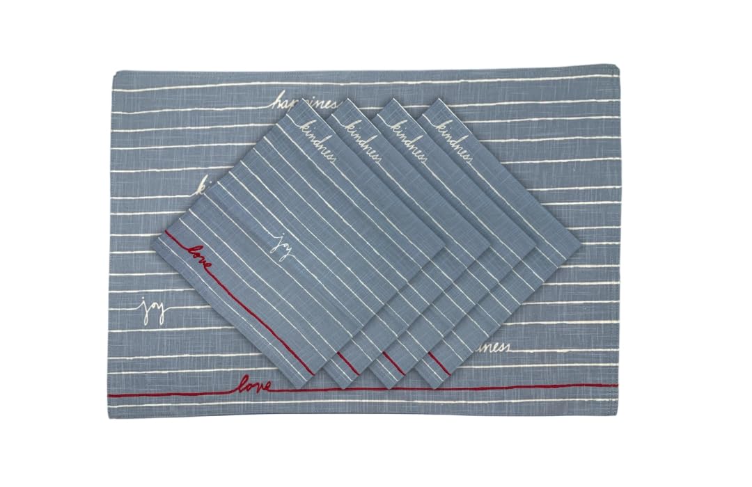 Covrick 12-Piece Love Blue Placemat Napkin & Coaster Set - 4 Embroidered Cotton Table Mats for Kitchen Dining Table + 4 Matching Cotton Napkins + 4 Heat Resistant Cork Coasters
