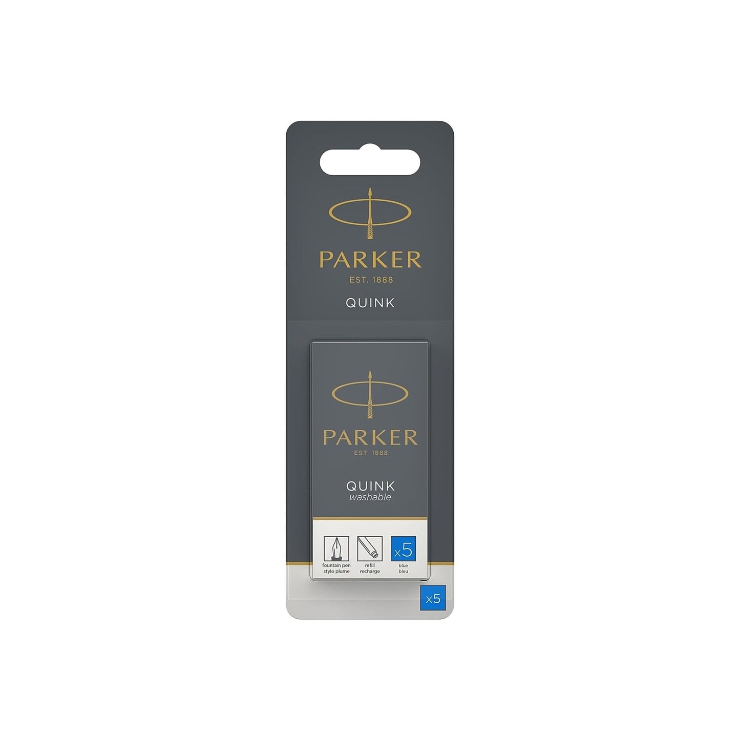 Parker 3016031PP QUINK Long Fountain Pen Ink Refill Cartridges, Blue, 5 Count