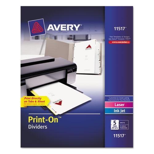 Print-On Dividers, 5-Tab, 3-Hole Punched, 8-1/2 x 11, White, 25 Sets/Box