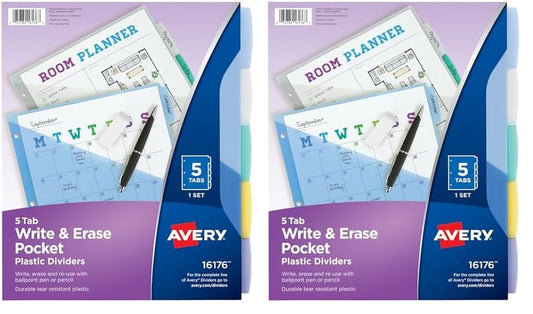 Avery 16176 Write & Erase Big Tab Plastic Dividers w/Slash Pocket, 5-Tab, Letter (Pack of 2)