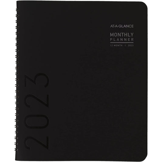 AT-A-GLANCE 2023 Monthly Planner, 12 Month Pocket Calendar, 7" x 8-3/4", Medium, Monthly Tabs, Faux Leather, Contemporary, Black (70120X05)