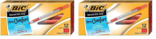 BIC Round Stic Grip Xtra Comfort Ballpoint Pen, Medium Point (1.2mm), Red, 12-Count (Pack of 2)