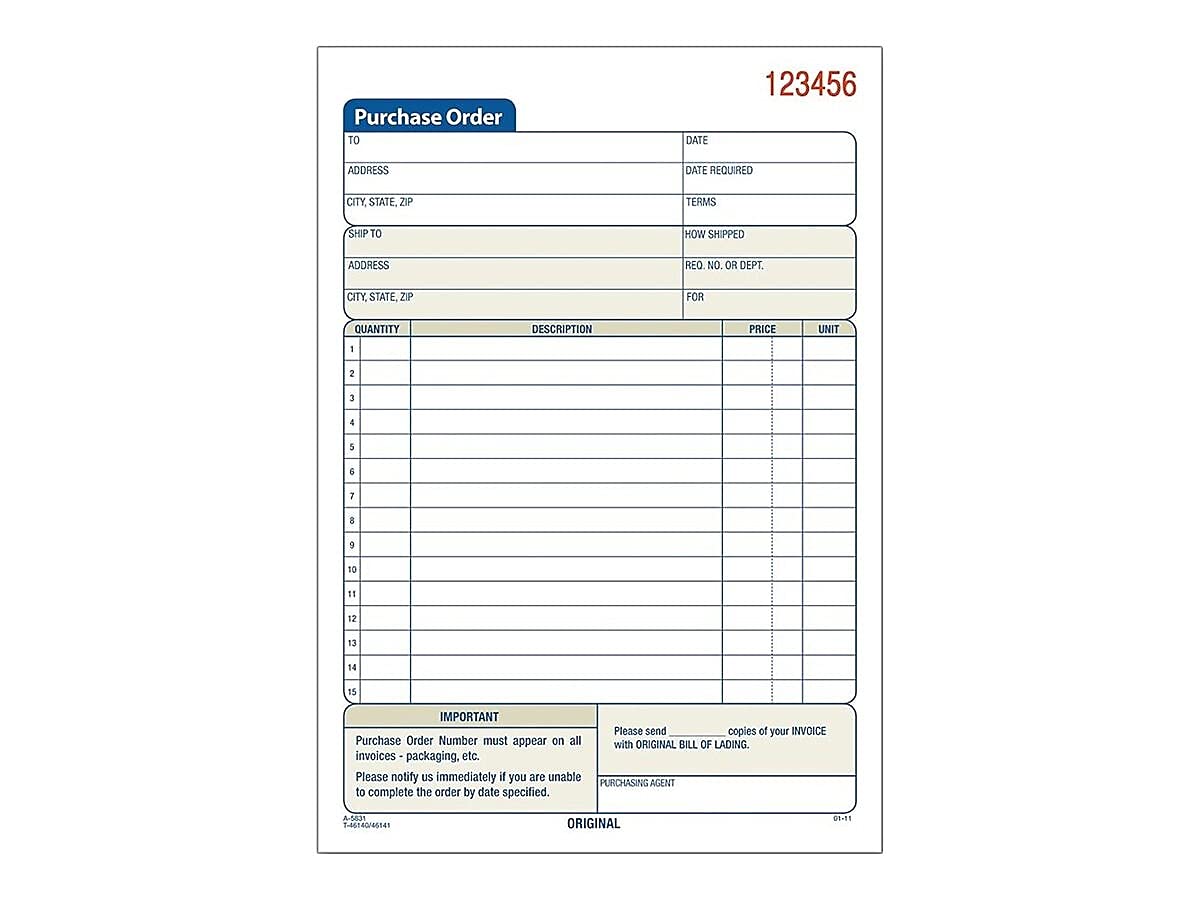 Adams Purchase Order Book, 2-Part Carbonless, White/Canary, 5-9/16 x 8-7/16 Inches, 50 Sets (DC5831)