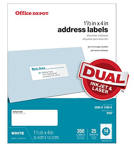 Office Depot White Inkjet/Laser Address Labels, 1 1/3in. x 4in., Pack of 350, 505-O004-0018