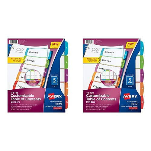 Avery 5 Tab Dividers for 3 Ring Binders, Customizable Table of Contents, Multicolor Tabs, 1 Set (11840) (Pack of 2)