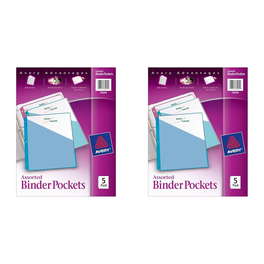 Avery Binder Pockets, Assorted Colors, 8.5" x 11", Acid-Free, Durable, 5 Slash Jackets (75254)