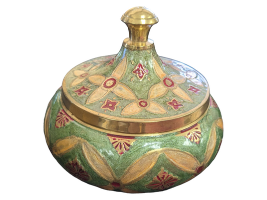 Solid Brass Powder Pot with Green and Red Enamel Paint - Made in India