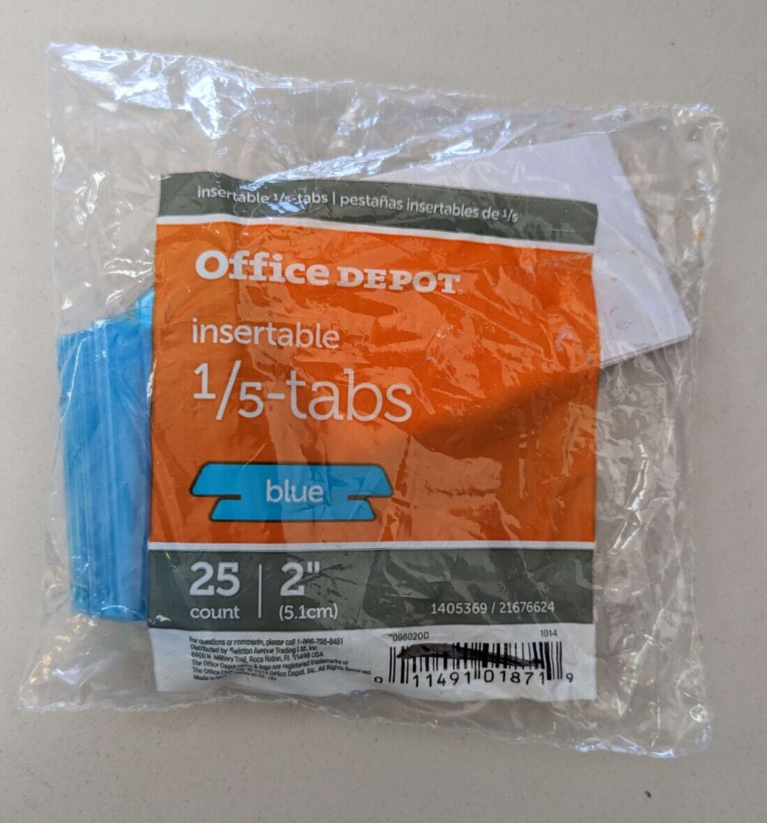 10x Office Depot Insertable Plastic Tabs, 1/5 Tab, 2 Inch, Blue, 25 count