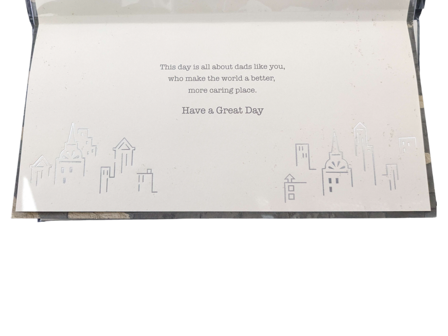 "Happy dads day" Cool metallic fathers day card, highrise buildings.