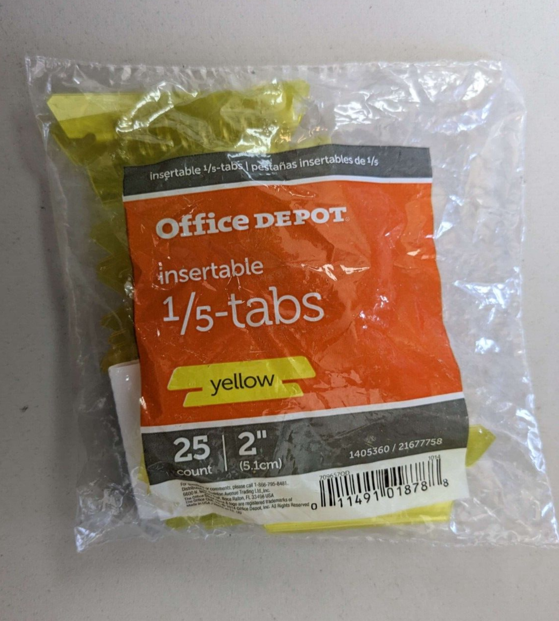 10x Office Depot Insertable Plastic Tabs, 1/5 Tab, 2 Inch, Yellow, 25 count