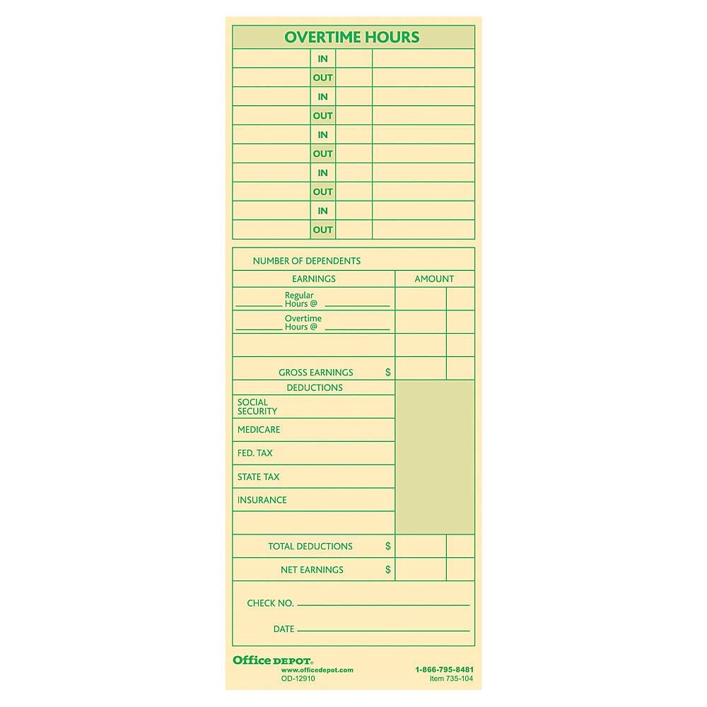 Office Depot Time Cards with Deductions, Weekly, Monday-Sunday Format, 2-Sided, 3 3/8in x 8 7/8in, Manila, pk of 100, GB-735104